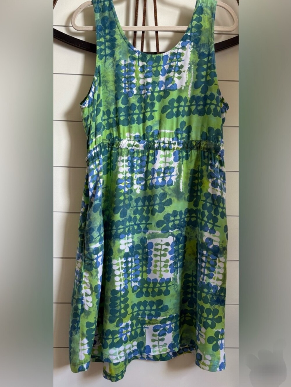 Blue Ginger Hawaiian Sleeveless Green & Blue Batik Dress W Drawstring Waist. XL - Picture 6 of 7